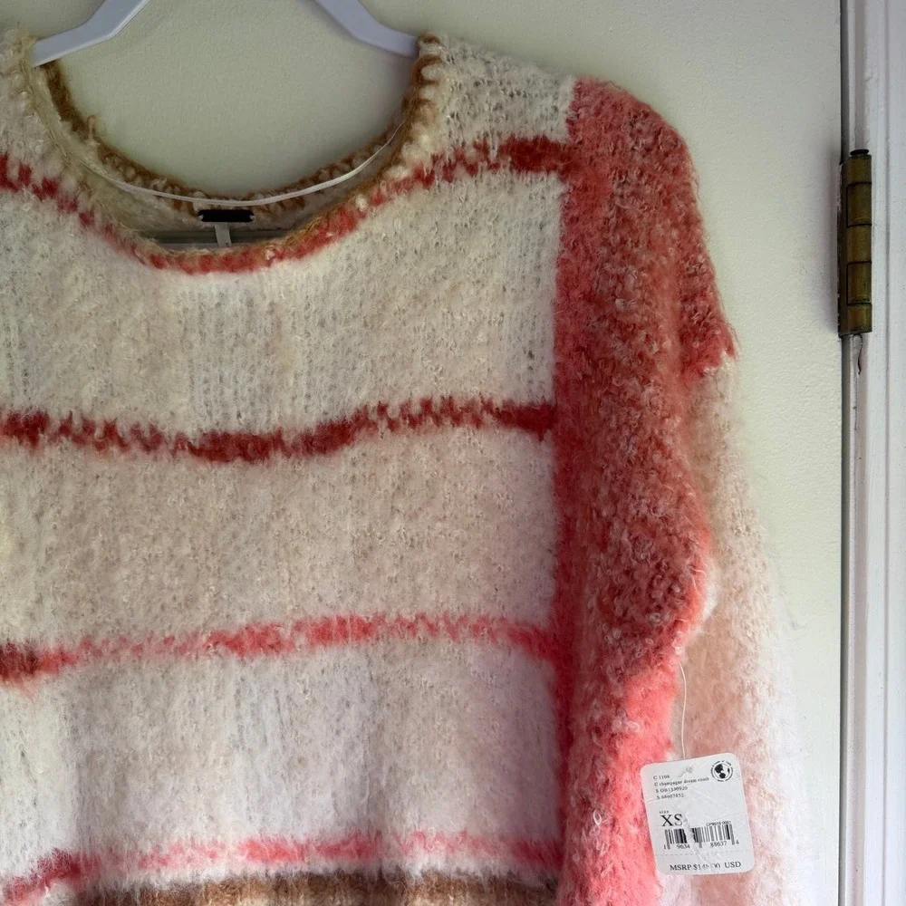 Free People Champagne Dream Comb Fuzzy Striped Cropped Sweater XS OB1530920